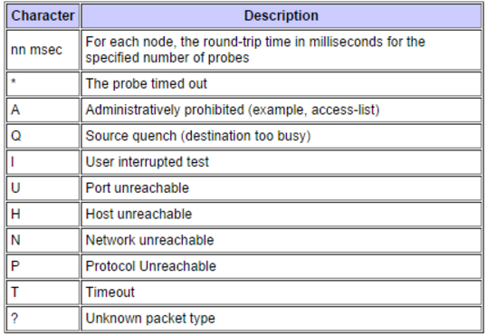 traceroute errors character descriptions